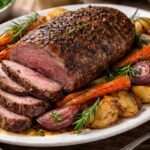 Roast venison with herb-crusted vegetables